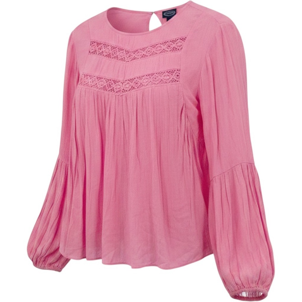 Scoop Blouson Sleeve‎ Ruffle Top Wms L Pink Crochet Lace Boho Peasant Blouse NEW